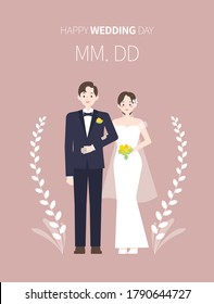 A couple in wedding dresses and tuxedo stands with arms folded. Happy wedding day image. Flat illustration useful for wedding invitations.