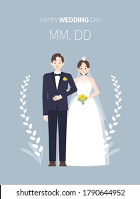 A couple in wedding dresses and tuxedo stands with arms folded. Happy wedding day image. Flat illustration useful for wedding invitations.