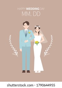 A couple in wedding dresses and tuxedo stands with arms folded. Happy wedding day image. Flat illustration useful for wedding invitations.