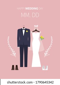 A couple in wedding dresses and tuxedo stands with arms folded. Happy wedding day image. Flat illustration useful for wedding invitations. 
Wedding dress hanging on a hanger.