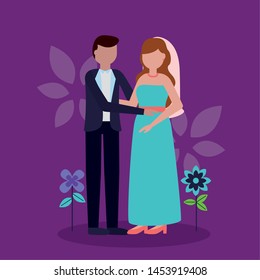 couple wedding holding hands love flowers background vector illustration