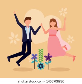 couple wedding jumping flowers hearts background vector illustration