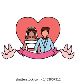 couple wedding love heart pigeons ribbon vector illustration