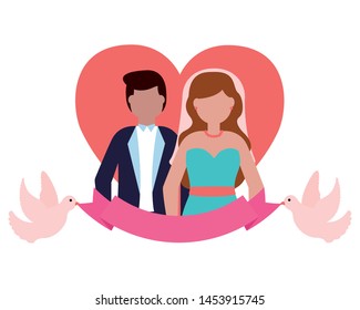 couple wedding love heart pigeons ribbon vector illustration