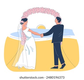 Couple at wedding. Man in black suit and woman in white dress near arch from flowers. Love and romance. Marriage ceremony. Bride and groom. Linear flat vector illustration isolated on white background
