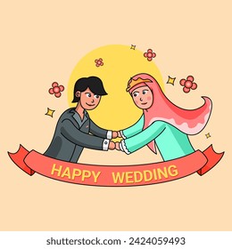 Couple wedding muslim vector, Wedding invitation card the bride and groom cute muslim couple cartoon.