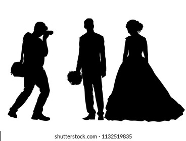 Couple at wedding and photographer on white background