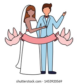 couple wedding pigeons with ribbon vector illustration