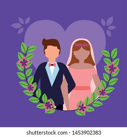 couple wedding purple hearts flowers decoration vector illustration