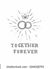 Couple of wedding rings with sun rays and crown. Old school tattoo style poster or card design. Vector illustration.