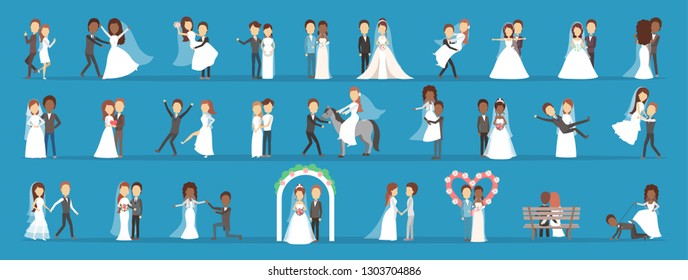 Couple wedding set. Collection of bride with bouquet and groom. Romantic people and white dress for ceremony. Isolated flat vector illustration