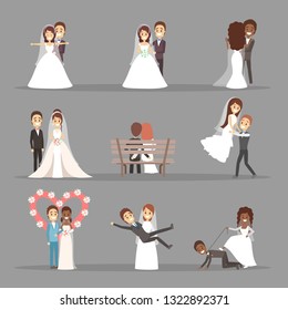 Couple wedding set. Collection of bride with bouquet and groom. Romantic people and white dress for ceremony. Isolated flat vector illustration