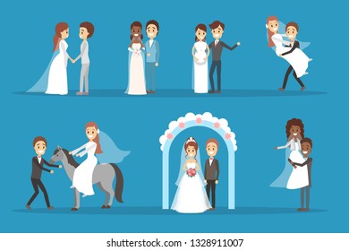 Couple wedding set. Collection of bride with bouquet and groom. Romantic people and white dress for ceremony. Isolated flat vector illustration
