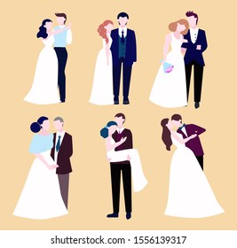 Couple wedding set. Collection of bride with bouquet and groom. Romantic people and white dress for ceremony. Isolated flat illustration