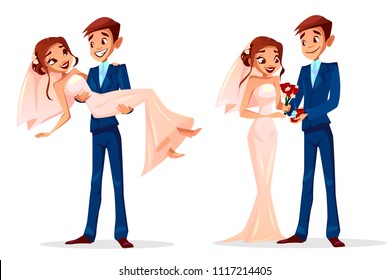 Couple wedding vector illustration of man and woman just married for greeting card design template. Happy bridegroom with diamond ring, holding bride on hands in wedding dress with red roses flowers