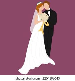 Couple wedding vector illustration of man and woman just married for greeting card design template. Happy bridegroom with diamond ring, holding bride on hands in wedding dress with white roses flowers