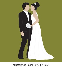 Couple wedding vector illustration of man and woman just married for greeting card design template. Happy bridegroom with diamond ring, holding bride on hands in wedding dress with white roses flowers