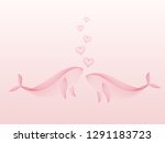 Couple whale kissing with heart flowing create by transparent pink color line pattern on pink background. In concept of love, valentines day. Vector illustration design.