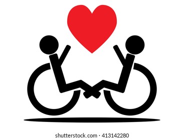 Couple wheelchair users, a black outline and a red heart. Icon, symbol, love. Isolated.