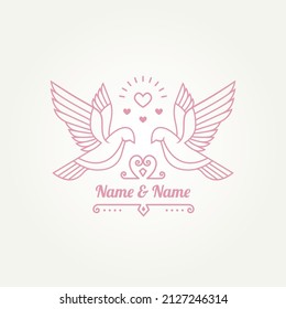 Un par de palomas de pájaro blanco con el diseño de ilustración vectorial de la plantilla de la línea del corazón brillante. bodas elegantes, matrimonio, concepto de logotipo romántico