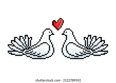 Un par de palomas blancas con corazón rojo, símbolo de arte píxel aislado en fondo blanco. Dos pájaros enamorados. Boda, alegría, emblema de propuesta. Romántico logo del 14 de febrero de San Valentín. Familia animal.