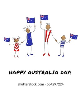 a couple of white female and male  stick people with flags  celebrating happy australia day; a vector illustration