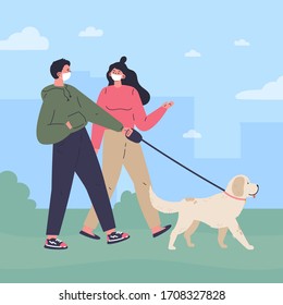 Couple In White Medical Mask Walking A Dog In The Park.Quarantine Walk.Healthy Active Lifestyle.Flat Cartoon Characters.Colorful Vector Illustration.