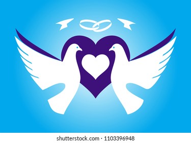 couple of white pigeon combine with heart shape and wedding ring