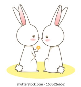 Couple white rabbits give a yellow flower cartoon character.