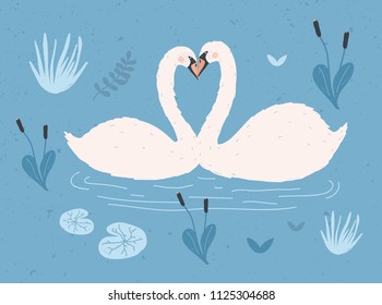Couple of white swans floating together in water of pond or lake among plants. Pair of cute cartoon wild birds in love, waterfowl. Flat colorful hand drawn vector illustration in modern trendy style.