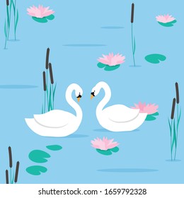 Couple white swans on pond next to pink water lily flowers and cattail plants, seamless vector illustration.