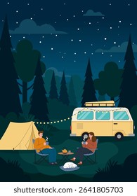 A couple who are camping in the woods and drinking coffee on a starry night