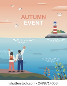 A couple who go on a trip to the autumn sea and wave their hands while watching lighthouses and seagulls