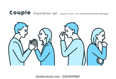 A couple who are good friends. A man and a woman fighting. 2 patterns of illustrations.