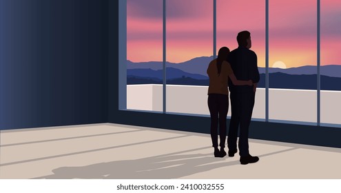 A couple who have just invested in real estate contemplate the mountain landscape seen from their apartment.