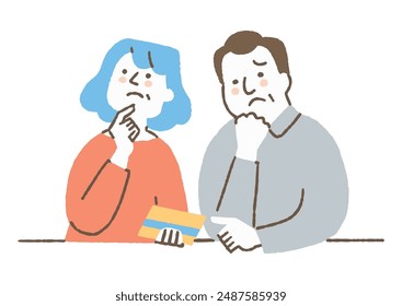 A couple who look at their bankbook and think about their finances_color