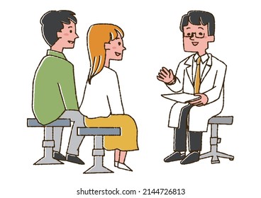 A couple who sees a doctor, a comical handwritten person, a vector, a line drawing and a color