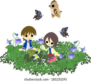 The couple who talks happily in the field where the violet blooms.