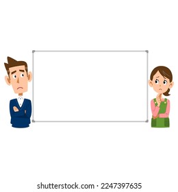 A couple who worries while looking at the whiteboard