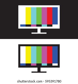 A couple wide screen televisions displaying a color bar test screen while the broadcast is interrupted in vector format.