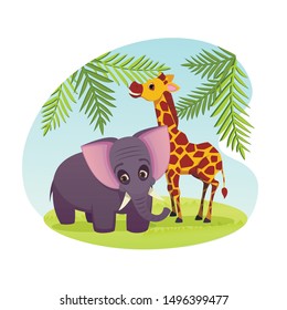 Couple of Wild Animals Elephant and Giraffe Relaxing and Grazing on Nature Landscape Background with Green Grass and Palm Trees Leaves around. Wildlife Safari Zoo Park Cartoon Flat Vector Illustration