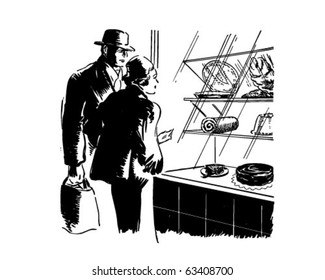 Couple Window Shopping - Retro Clipart Illustration