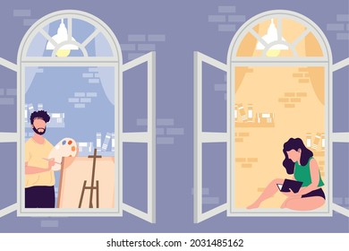 couple in windows building scene