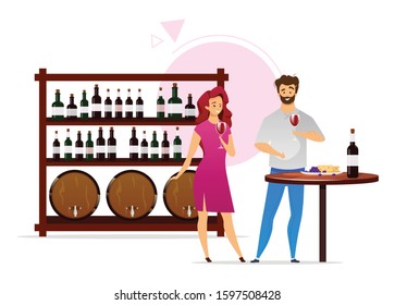 Couple in wine cellar flat color vector illustration. Winemaking, vinification. Man and woman with glassfuls. Bottles and barrels. Winery. Degustation. Isolated cartoon character on white