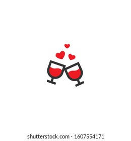 couple of wine glasses with red hearts isolated on white background. Vector illustration. Holiday, celebration, toast, party. Romantic evening or date. St. Valentine card