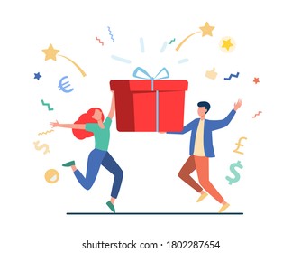 Couple winning prize. Man and woman holding gift box flat vector illustration. Lottery, present, birthday party concept for banner, website design or landing web page