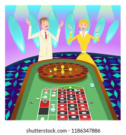 Couple winning at roulette in casino (vector illustration)