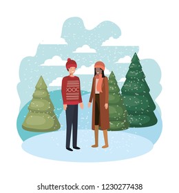 couple with winter clothes and winter pine avatar character