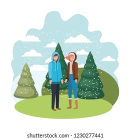 couple with winter clothes and winter pine avatar character