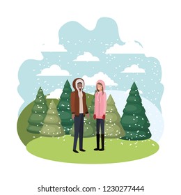 couple with winter clothes and winter pine avatar character